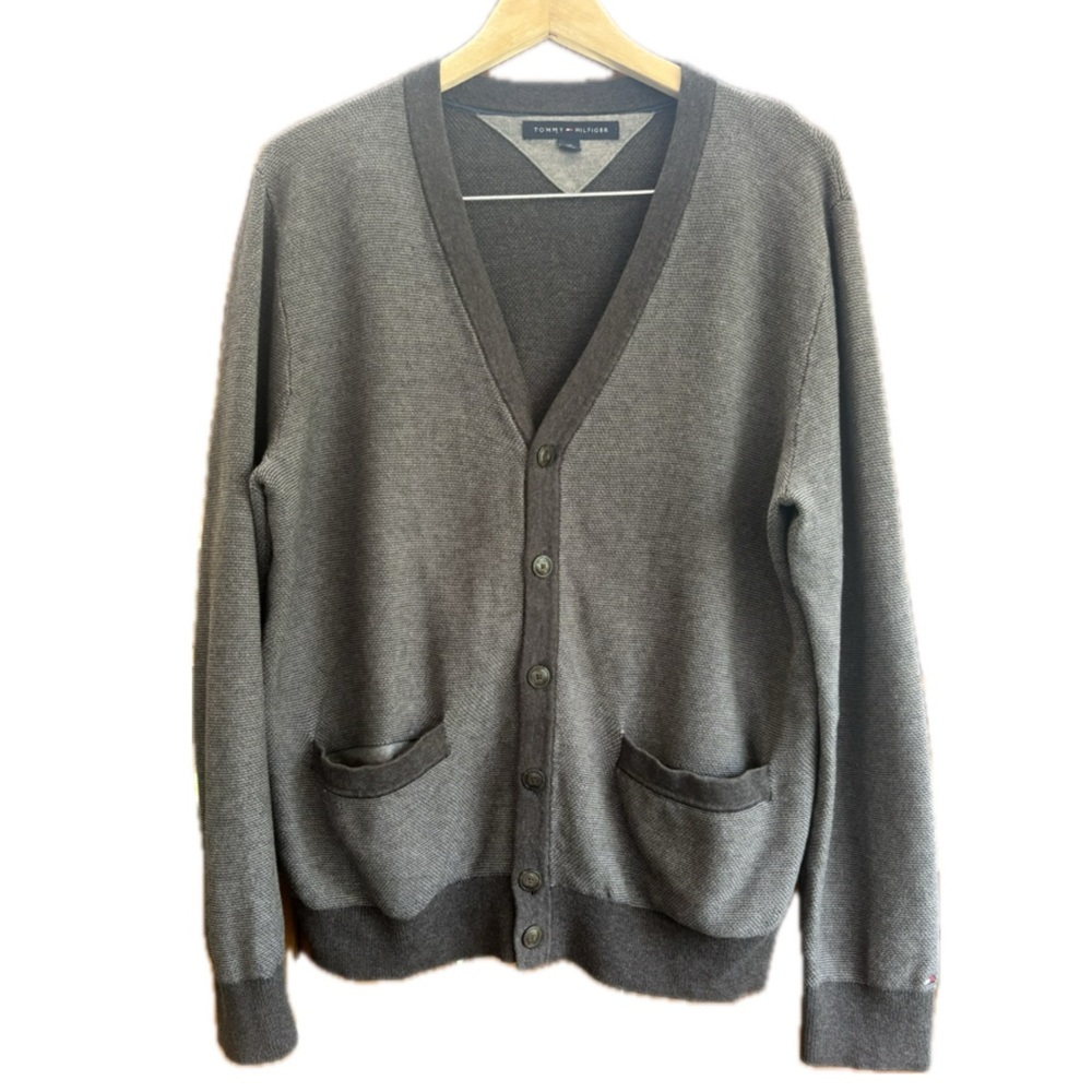 Tommy Hilfiger Men's Gray Cardigan Sweater button Up cotton Size Large Preppy
